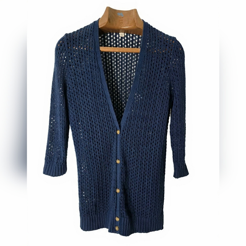 Lands' End Navy Open-Knit Button-Front Cardigan Nautical Old‎ Money Resort